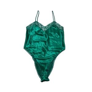 Victoria's Secret Vintage Emerald Satin Lace Trim Lingerie Bodysuit  P=XS